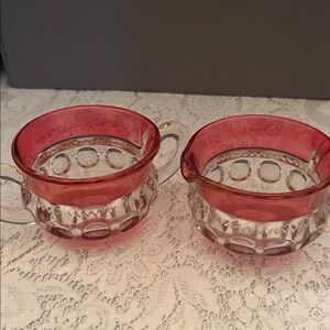 Vintage  Ruby Thumbprint Red Glass Creamer and Sugar Set